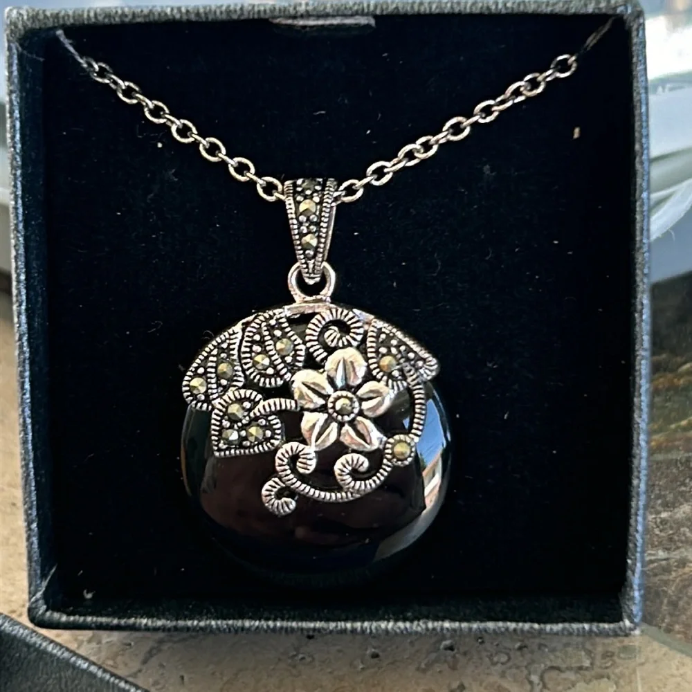 Black Onyx, Marcasite, Sterling Silver Pendant Made in Thailand.